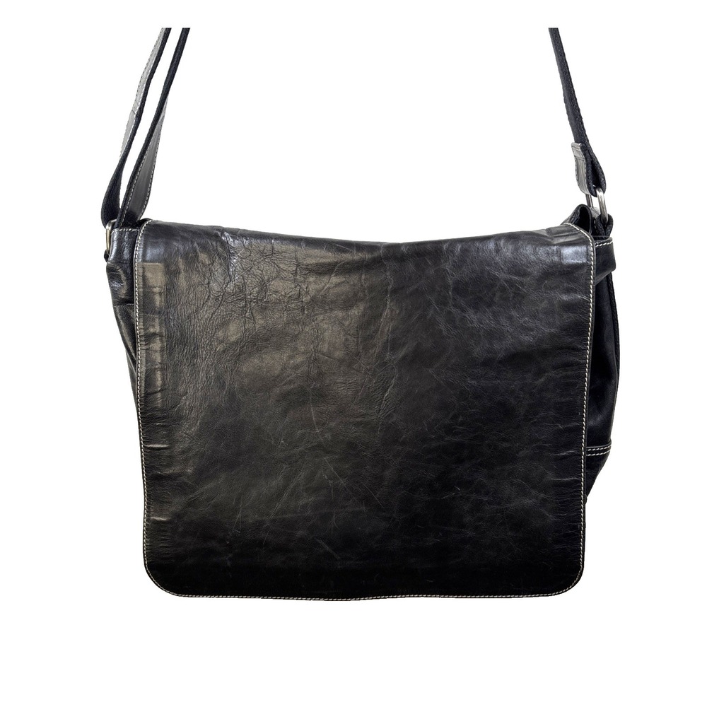 VTG Fossil Black Leather Messenger Bag Laptop Shoulder Tote Travel Office
